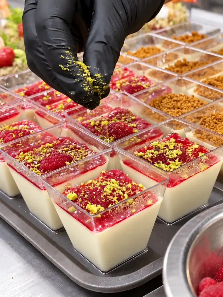 Préparation de desserts individuels à la framboise, garnis d’éclats de pistache.
